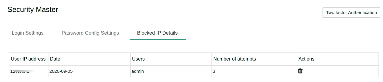 List of all blocked IP details in Joforce BruteForce & Password Config