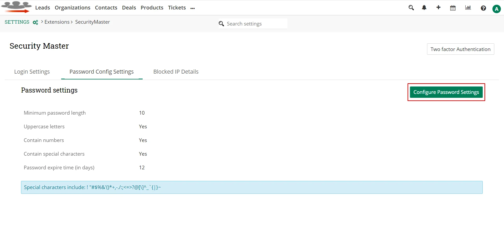 Password configuration settings